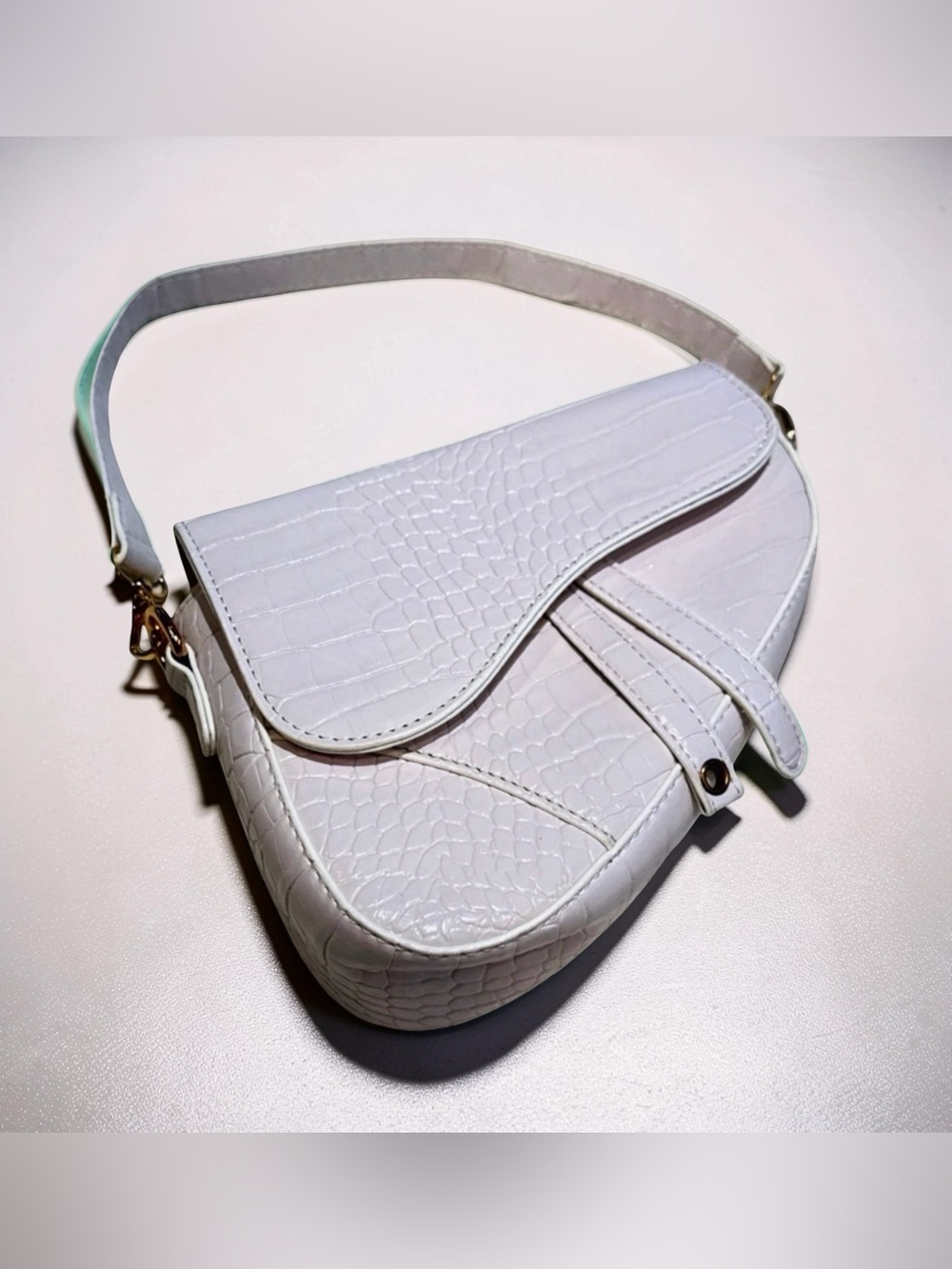 HDE Women's Saddle Shoulder Bag PU Leather Crossbody Purse - White Crocodile - Picture 2 of 10